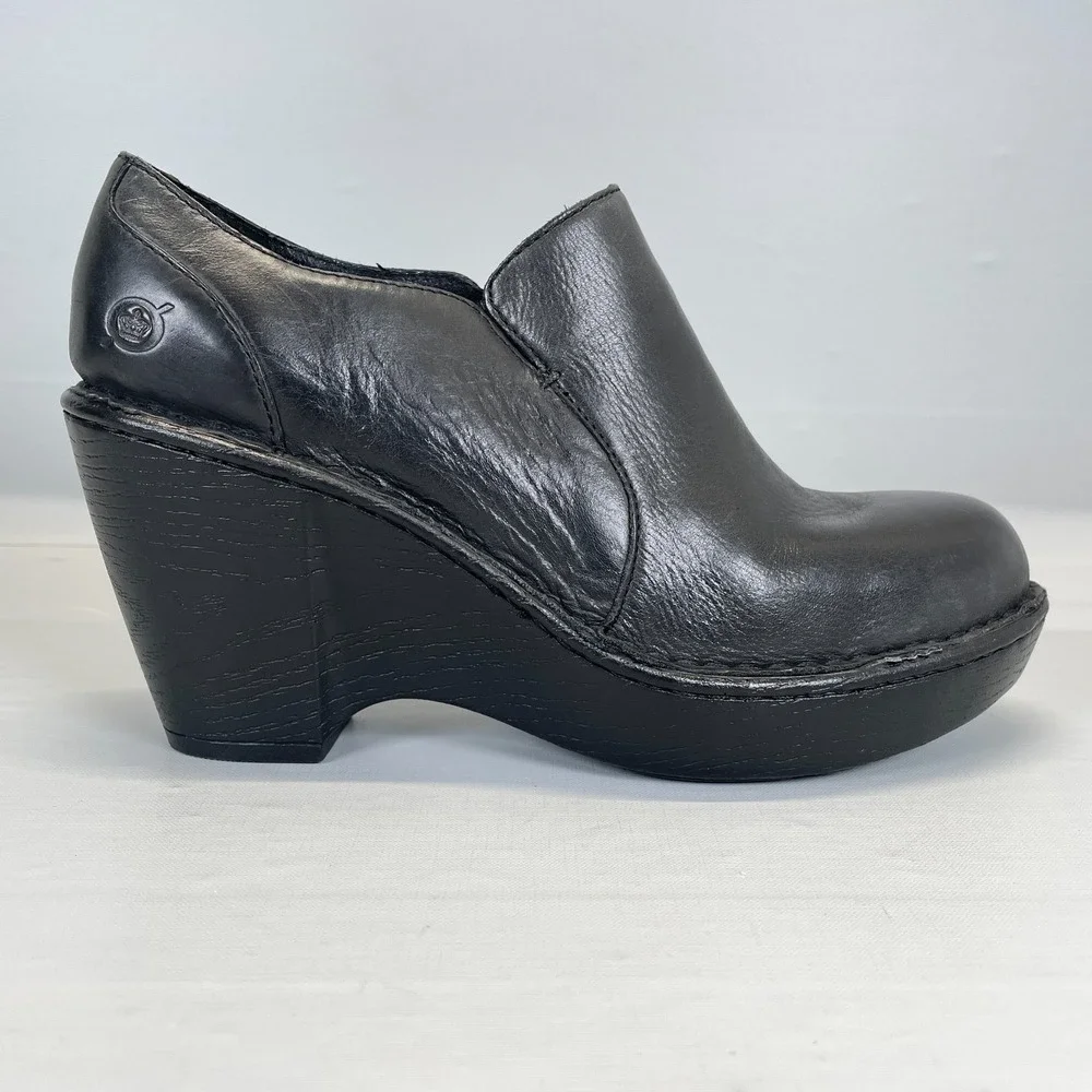Born Wedge Shoes Womens Size 8 M Black Leather Zip Up Casual Dressy Clogs